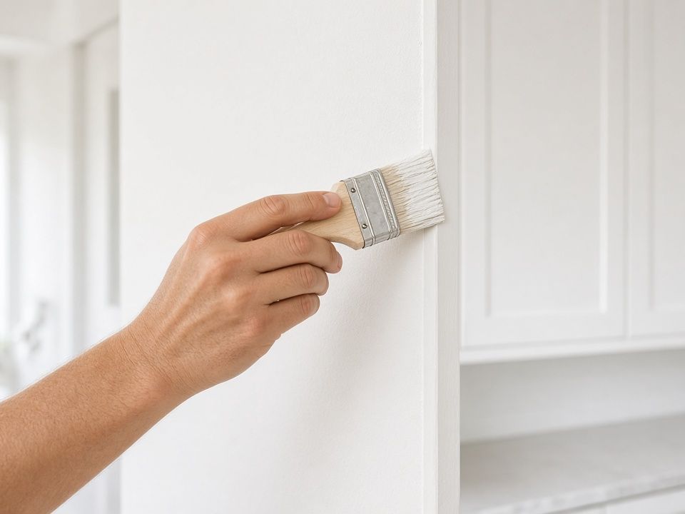 Close-up of a hand cutting in with a paintbrush beside freshly painted white kitchen cabinets