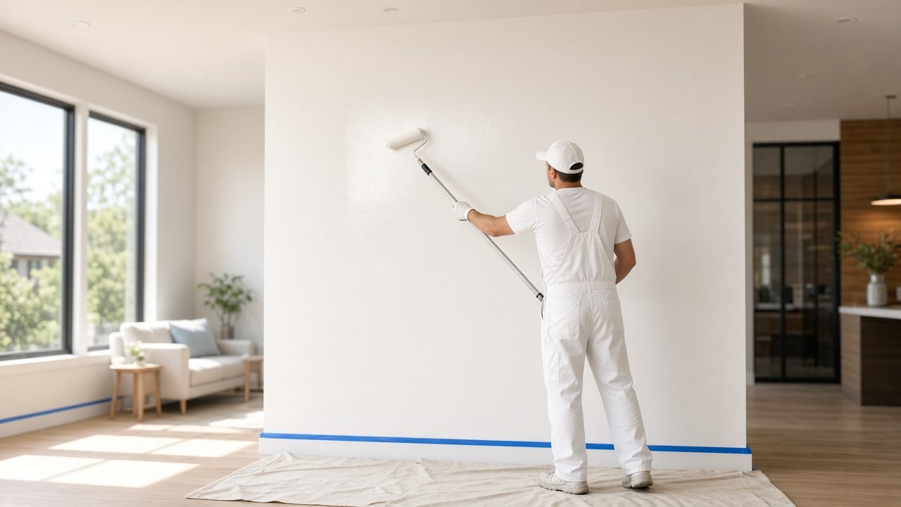Painter in white overalls, seen from behind, rolling fresh white paint onto an interior wall
