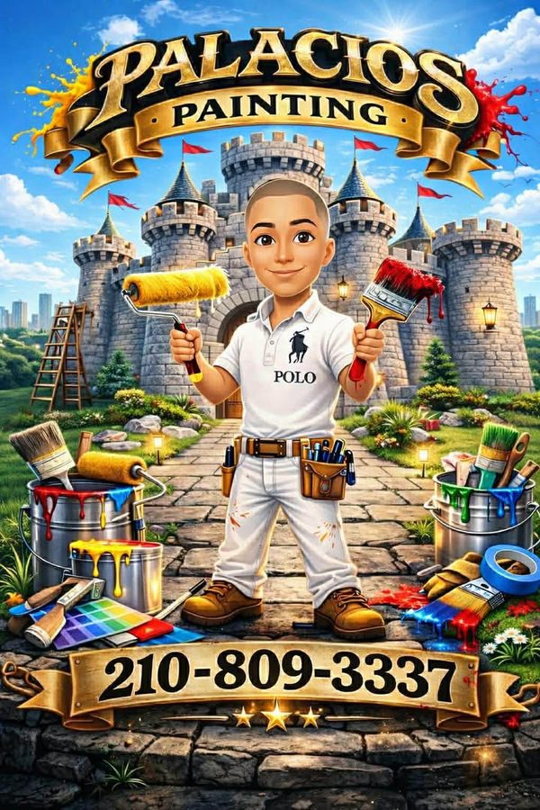 Palacios Painting logo: Jesse the painter holding a roller and brush in front of a castle, phone 210-809-3337