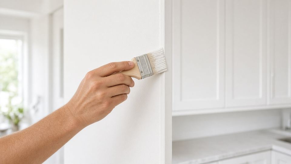 Paintbrush cutting in a clean line next to white kitchen cabinets