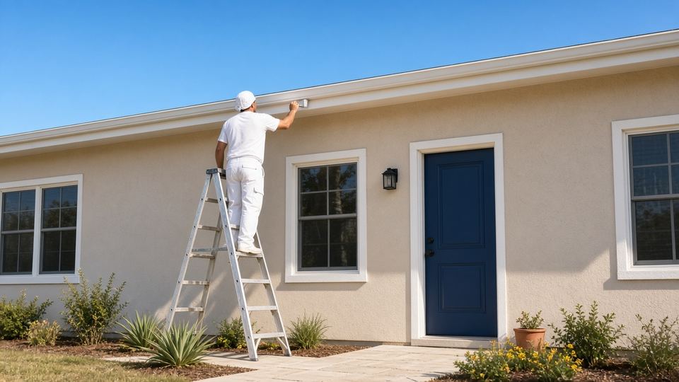 Painter on a ladder painting the exterior trim of a stucco home with a navy front door