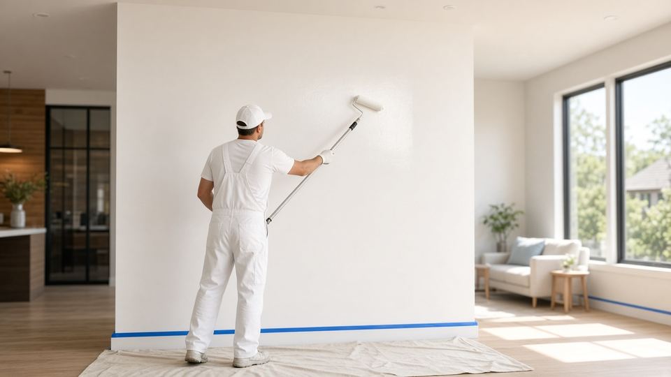 Painter rolling white paint onto a living room wall with the floor protected by drop cloths