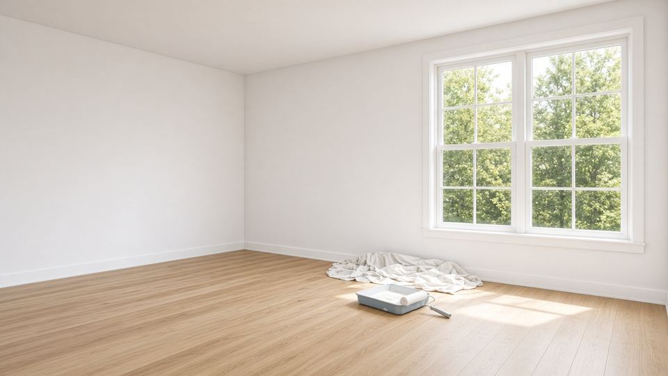 Freshly painted, empty bright room with a drop cloth and roller tray after a refresh